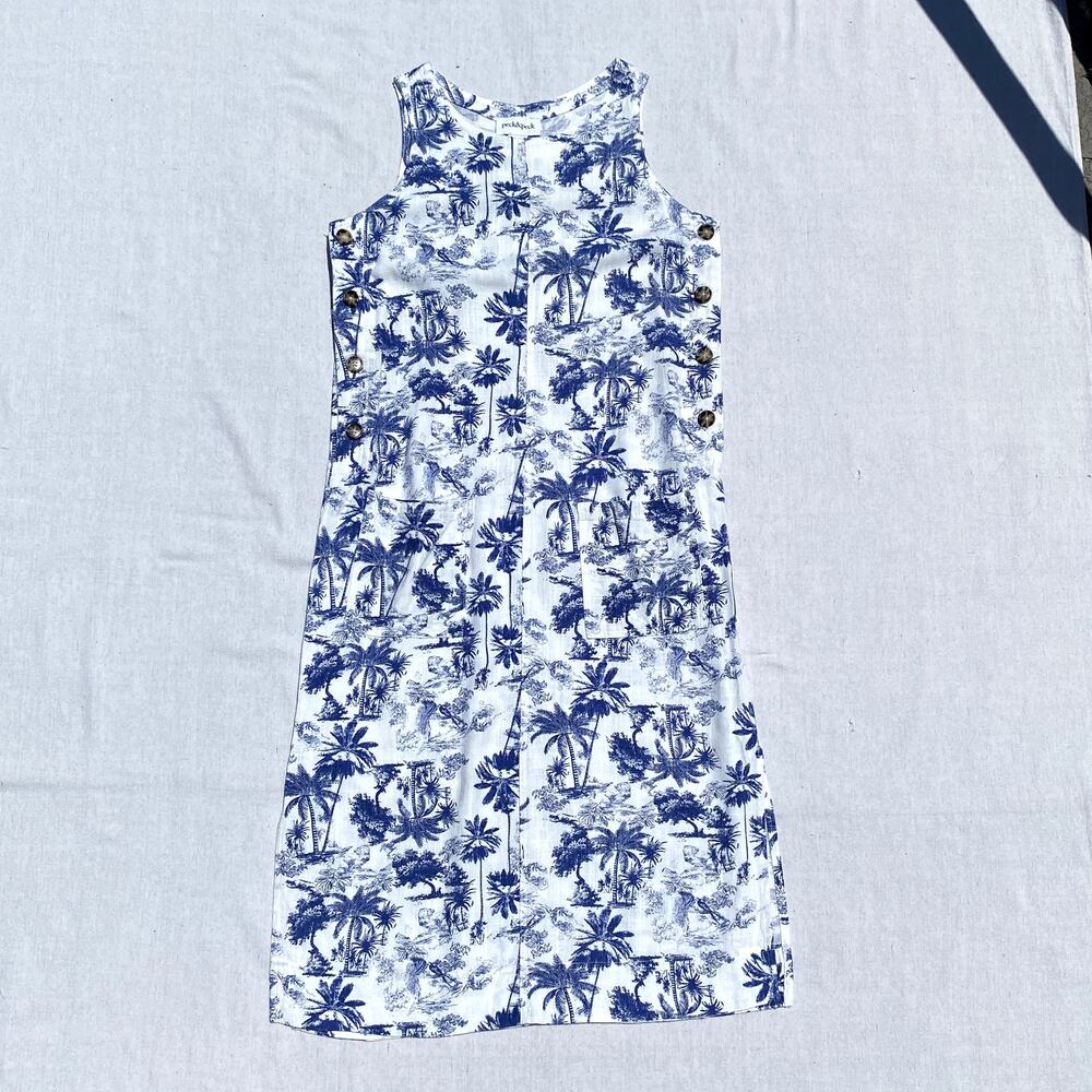 VTG Overall Apron Dress Midi Toile Print Tropical Vacation Coastal Linen Blend